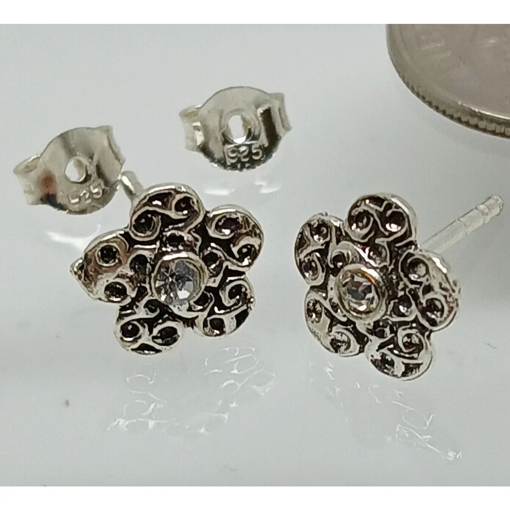 Vintage 1990's Jewelry NOS .925 Sterling Silver Clear AB Crystal Flower Earrings